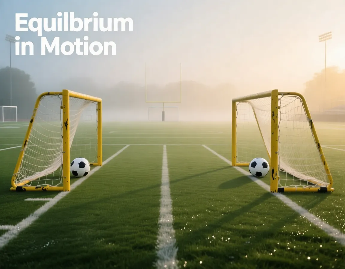 Duas balizas de futebol em extremos opostos do campo ambas com bola na rede representando ambas as equipas a marcar