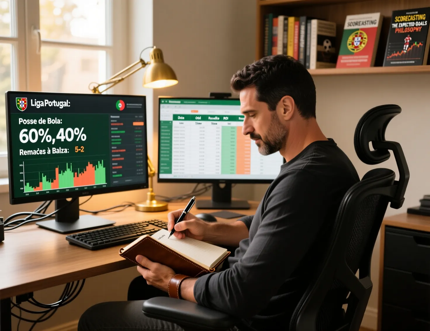 Apostador a analisar dados e estatísticas em dois monitores no escritório em casa