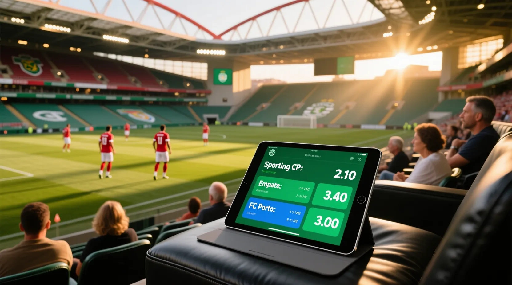 Estádio de futebol português ao pôr do sol com tablet mostrando interface de apostas desportivas