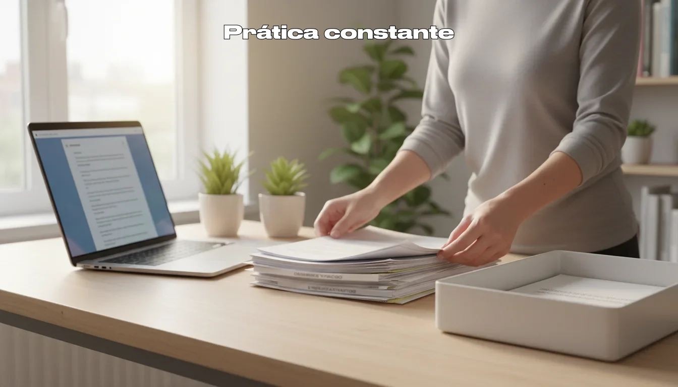Pessoa organizada a gerir documentos financeiros com tranquilidade