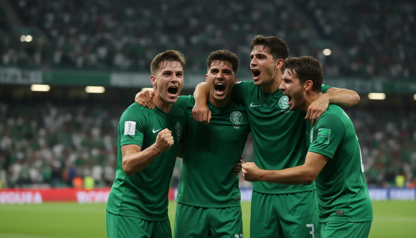 Jogadores de futebol a celebrar um golo abraçados no relvado