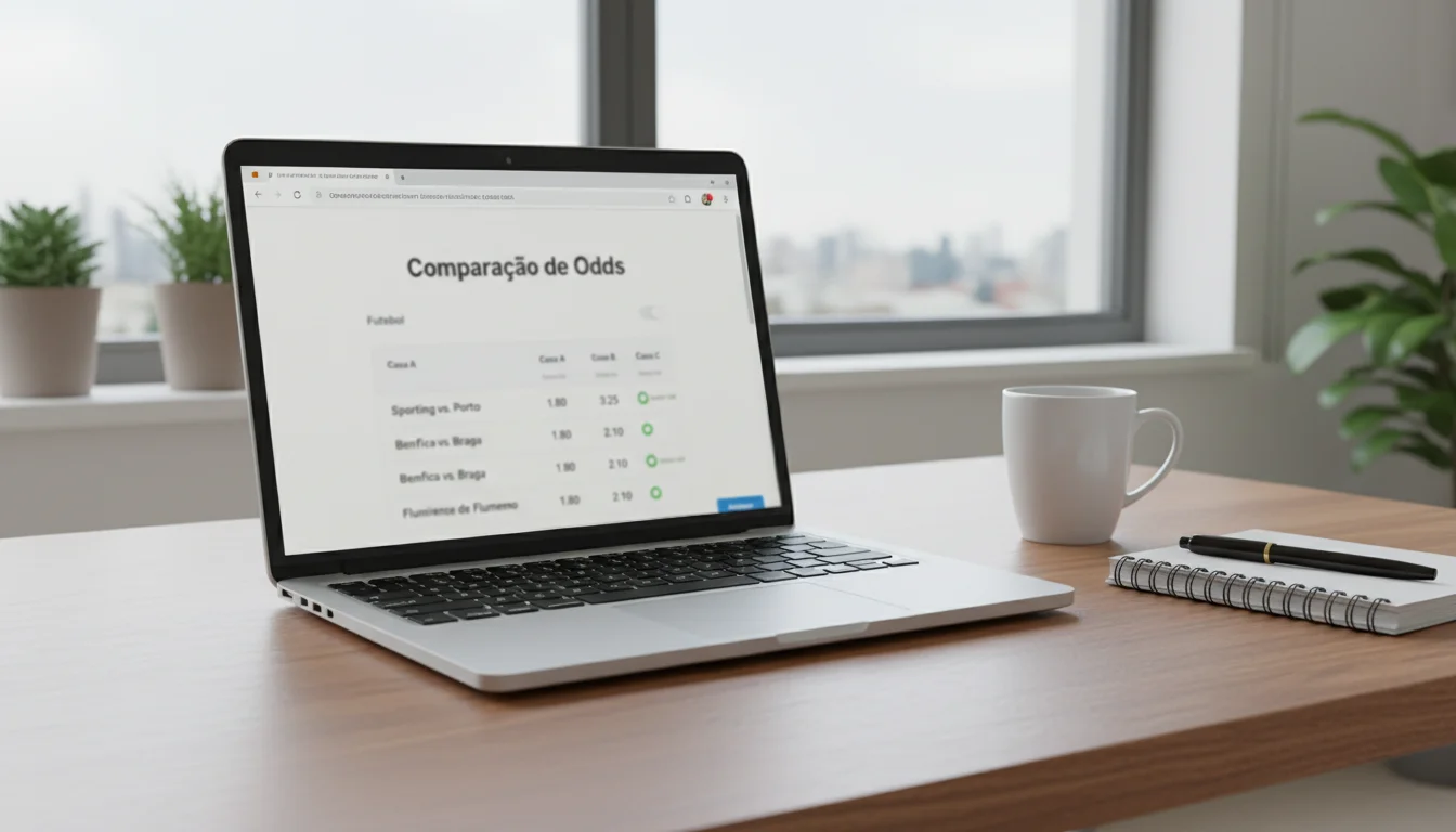 Computador portátil com vários separadores de casas de apostas abertos para comparação de odds