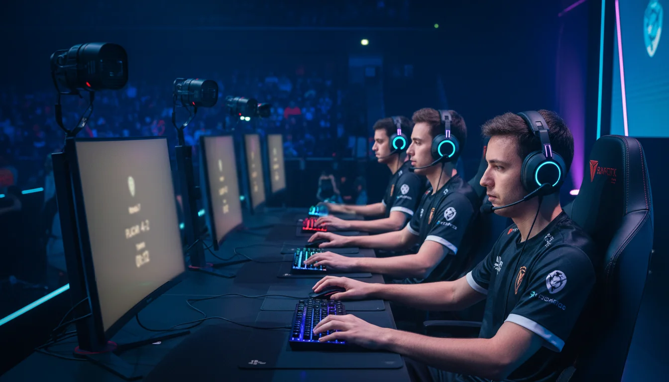 Jogadores profissionais de eSports a competir em computadores numa arena com audiência