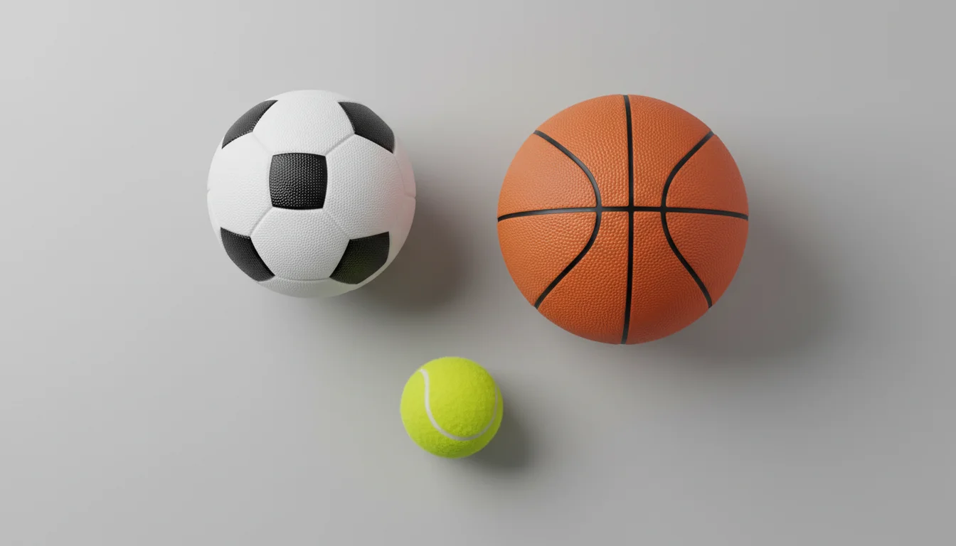 Composição visual com bola de futebol, bola de basquetebol e bola de ténis