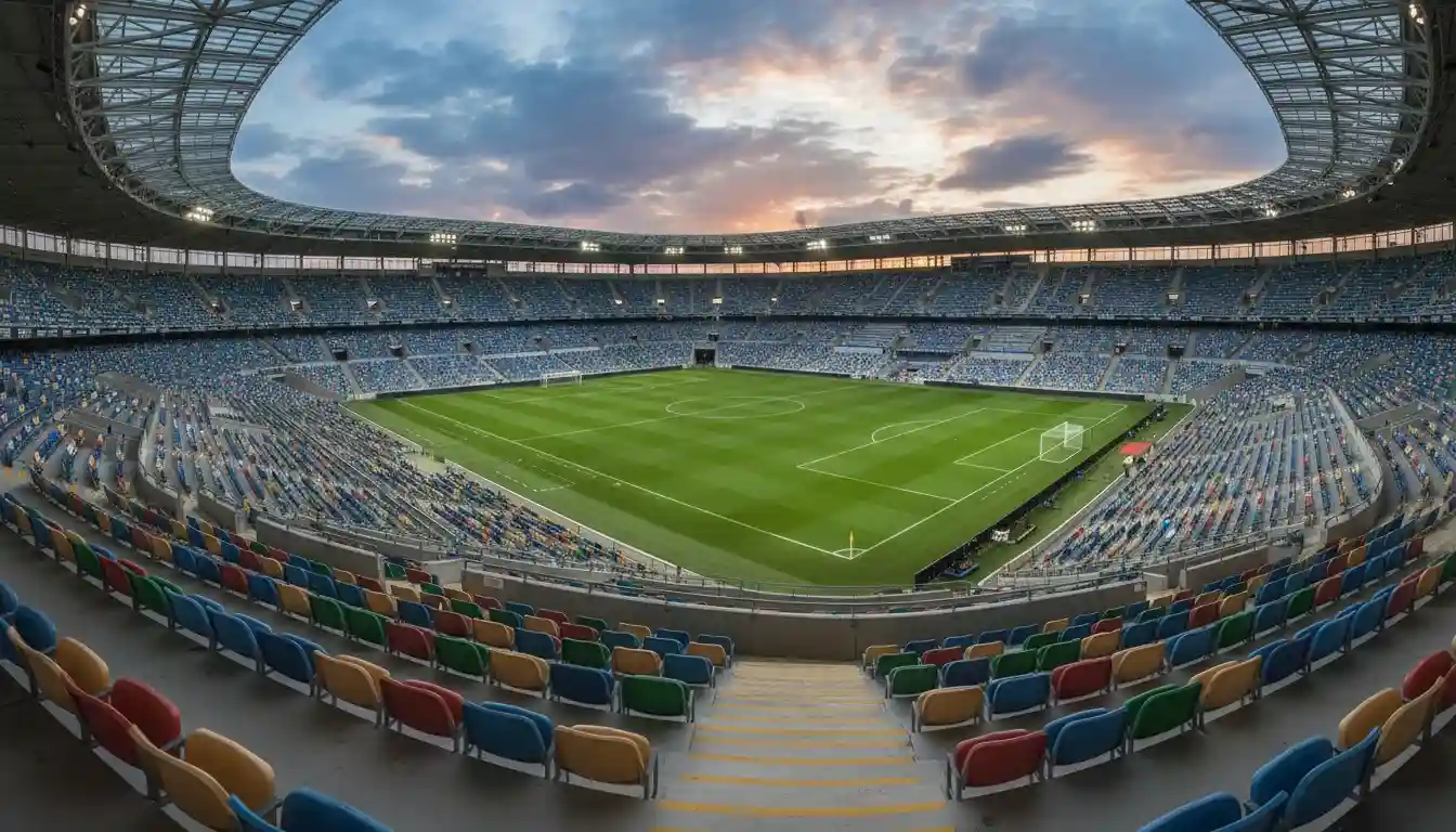 Estádio de futebol vazio visto das bancadas com relvado impecável