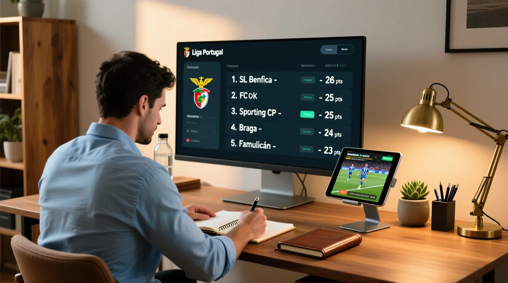 Escritório em casa com monitor mostrando estatísticas de futebol e pessoa a tomar notas
