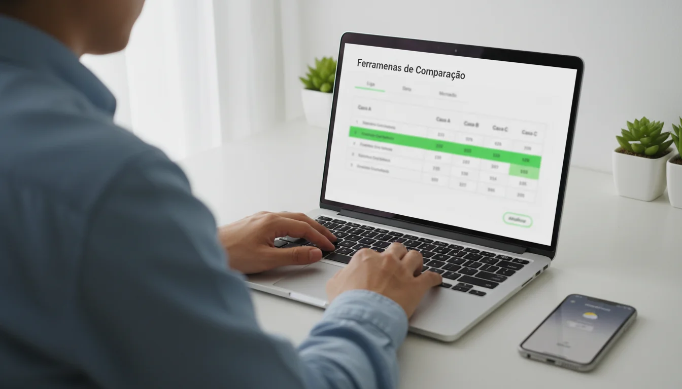 Pessoa a utilizar um portátil com interface de comparação de dados num ambiente de trabalho organizado