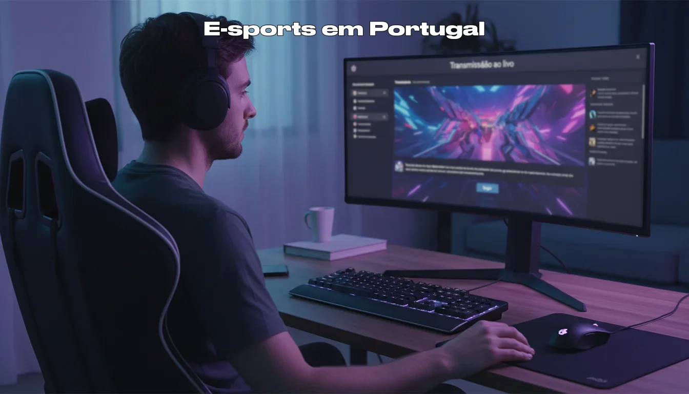 Jovem a assistir a uma transmissão de eSports num monitor em ambiente doméstico moderno
