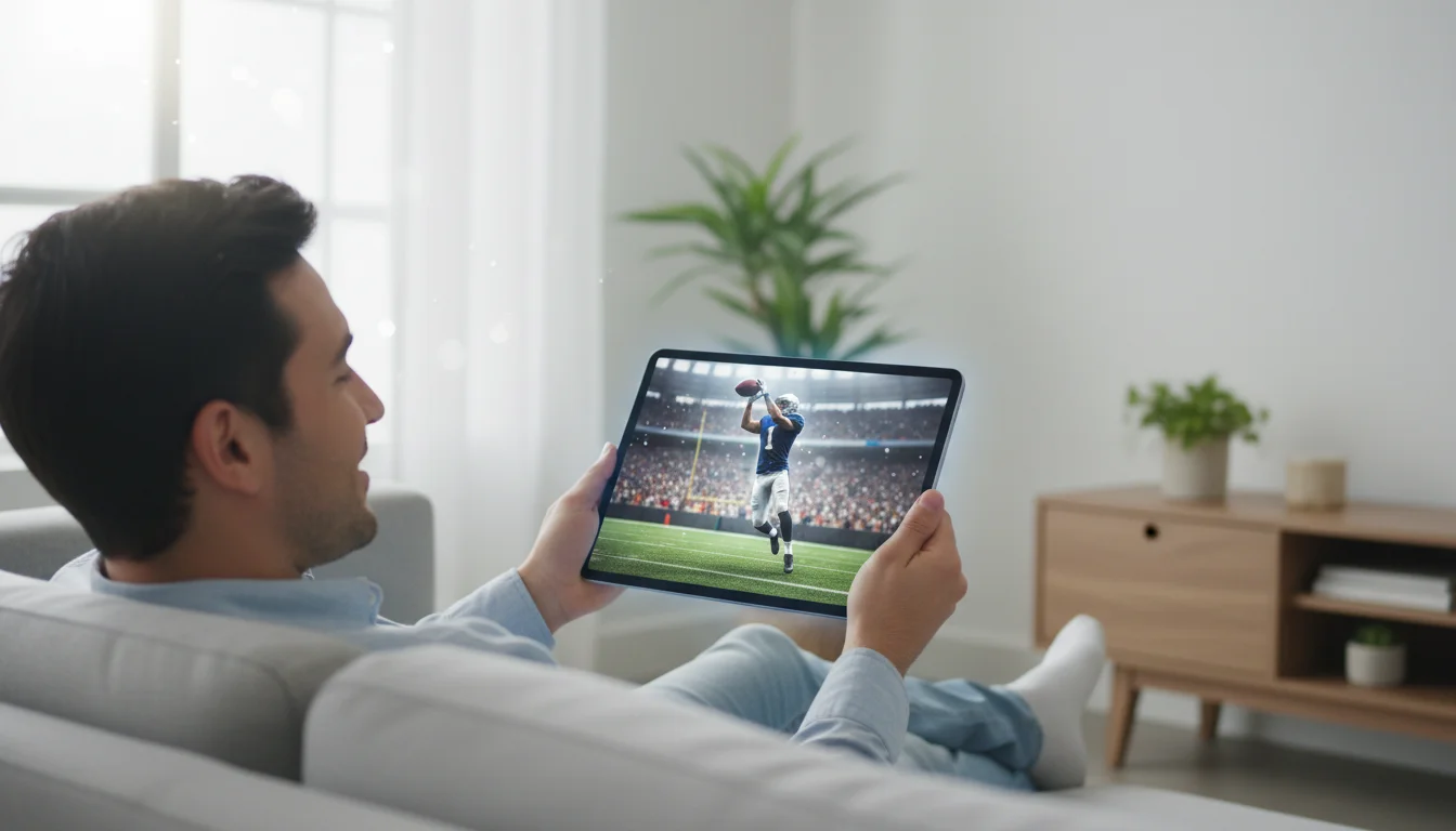 Pessoa a desfrutar de conteúdo desportivo em dispositivo moderno com boa qualidade de imagem