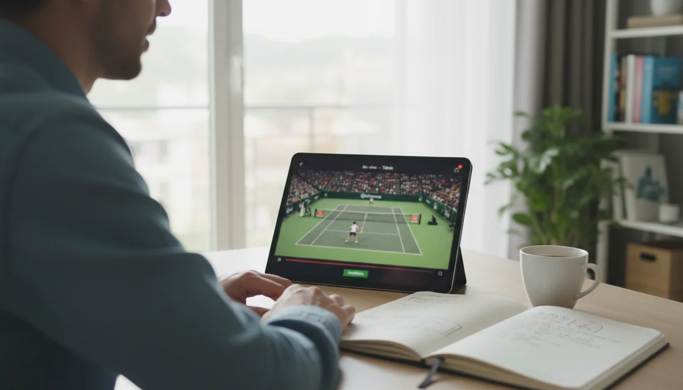 Pessoa a assistir a um jogo de ténis num tablet enquanto toma notas num caderno