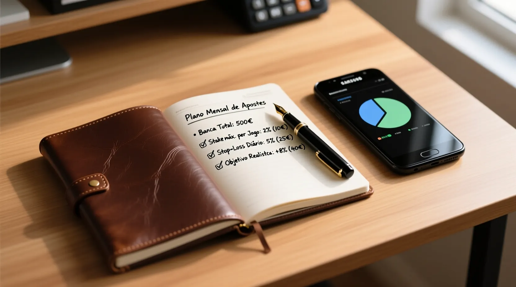 Caderno de couro com planeamento financeiro escrito em português, smartphone com gráfico e caneta de qualidade