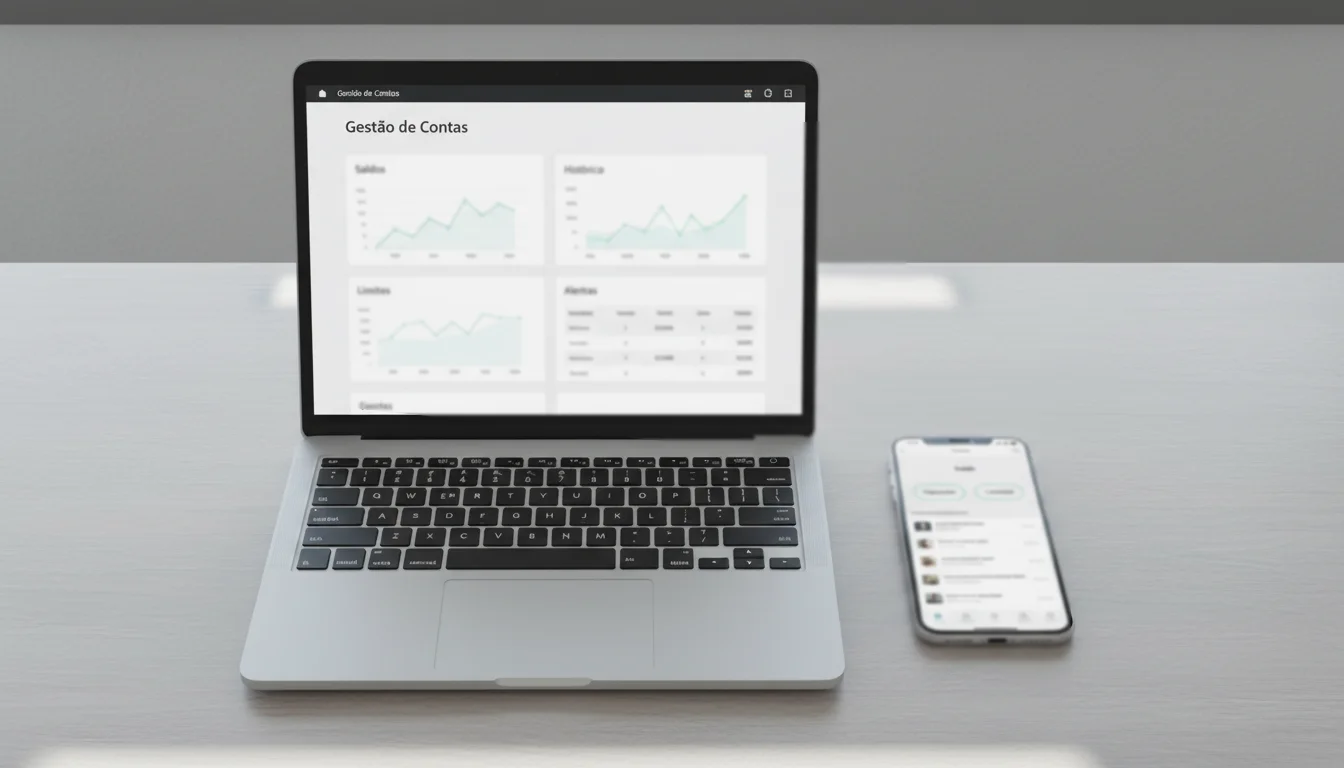 Secretária organizada com smartphone e portátil mostrando aplicações financeiras