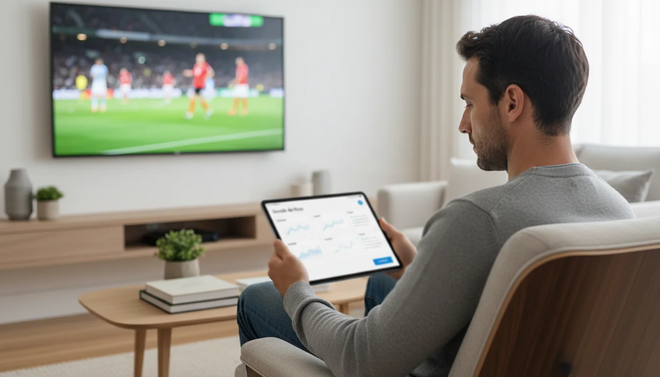 Pessoa focada a analisar dados num tablet enquanto assiste a um evento desportivo