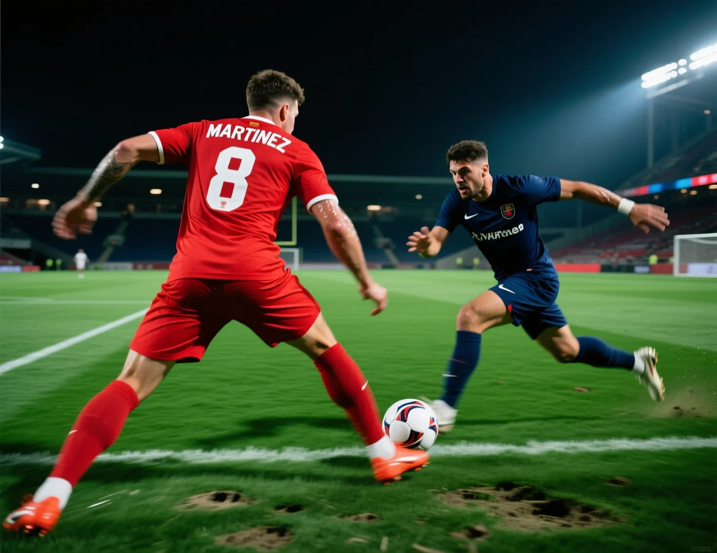 Dois jogadores de futebol a disputar a bola mostrando vantagem competitiva no campo
