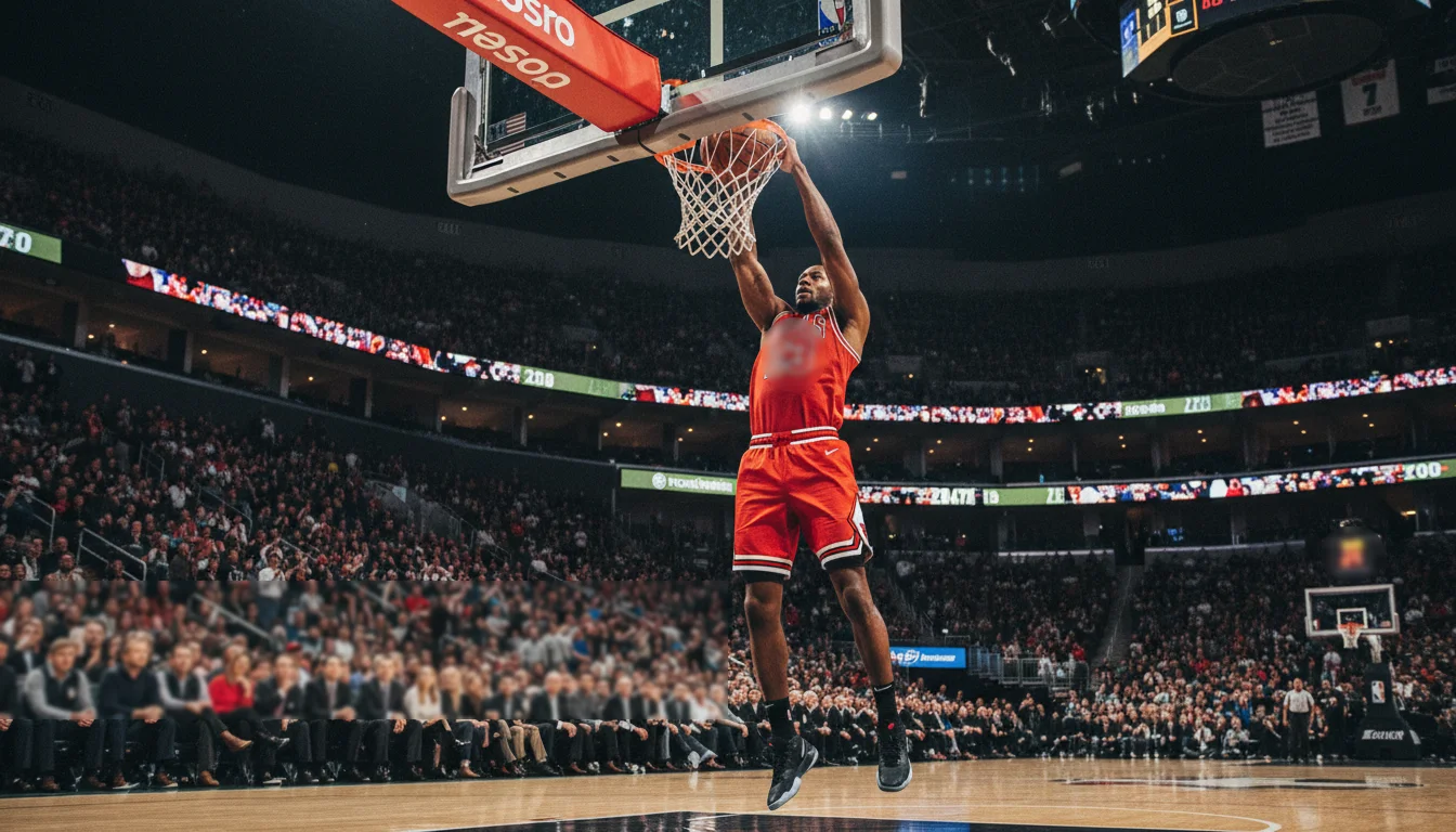 Jogador de basquetebol a fazer um afundanço espectacular num pavilhão cheio de adeptos