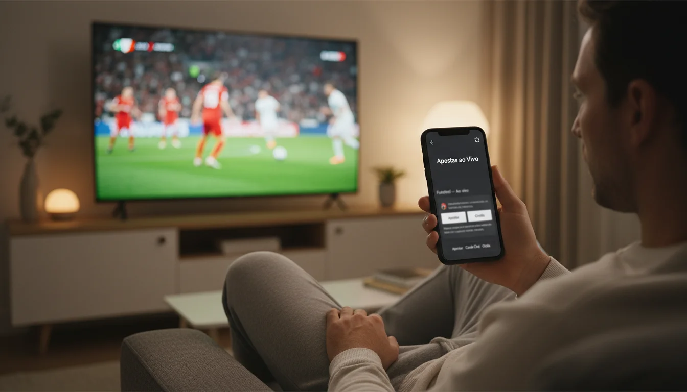 Pessoa a assistir a um jogo de futebol ao vivo na televisão com smartphone na mão