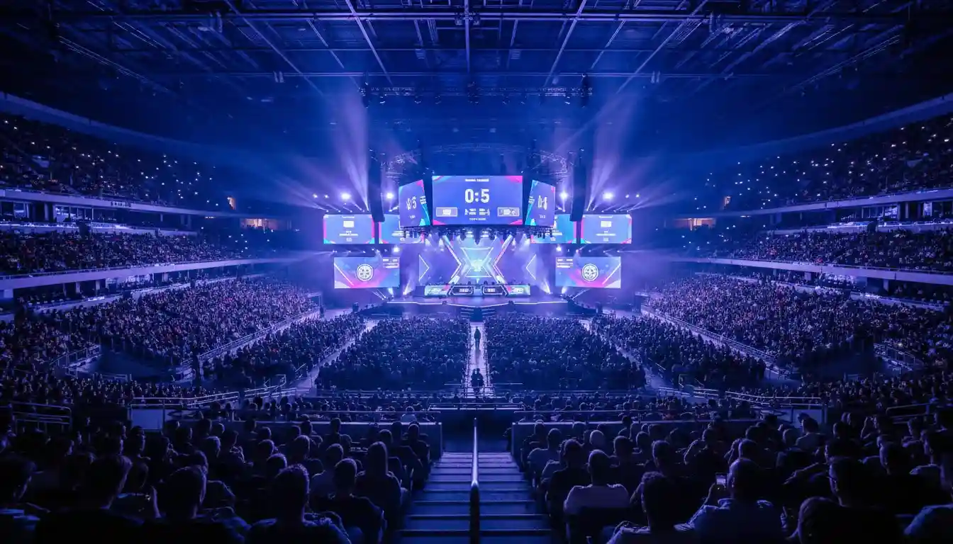 Arena de eSports com grandes ecrãs e palco iluminado durante uma competição profissional