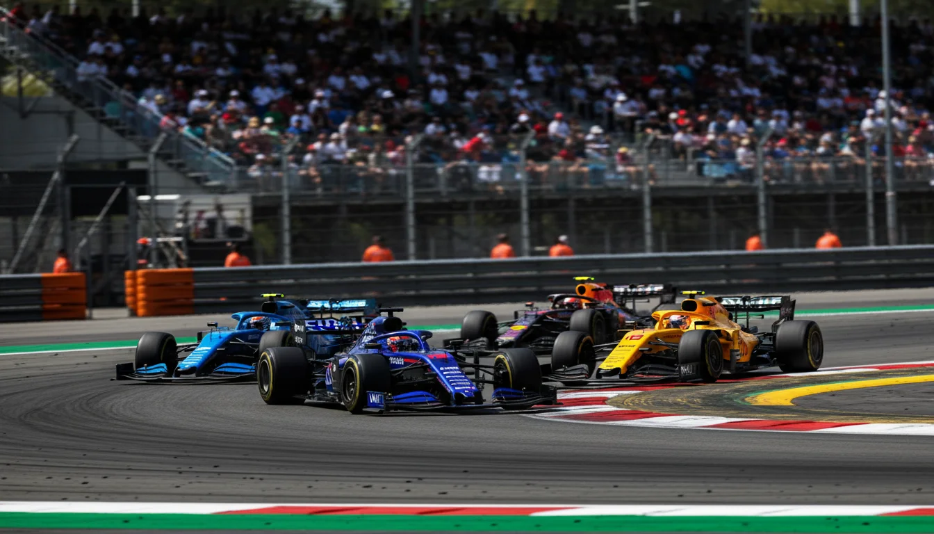 Monolugares de Fórmula 1 a competir numa curva de um circuito com bancadas cheias