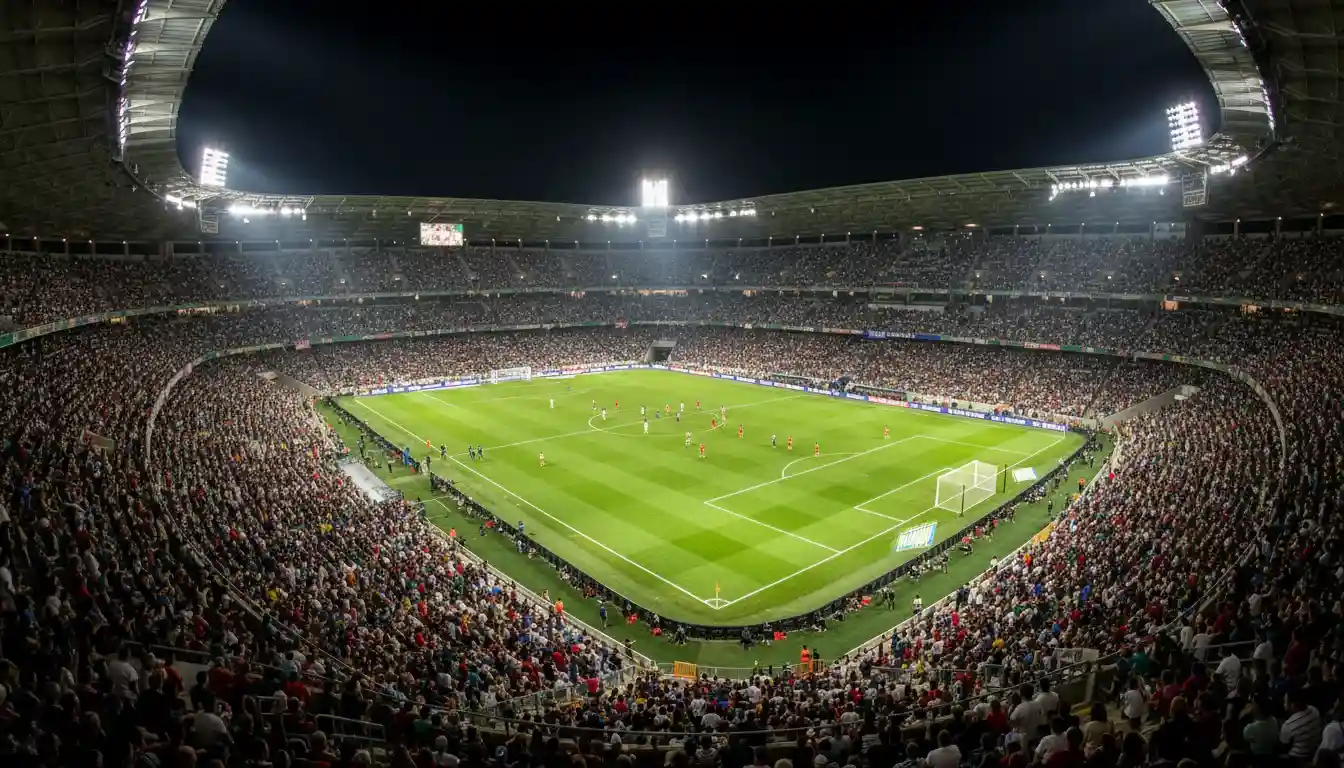 Estádio de futebol cheio de adeptos durante um jogo nocturno com iluminação vibrante