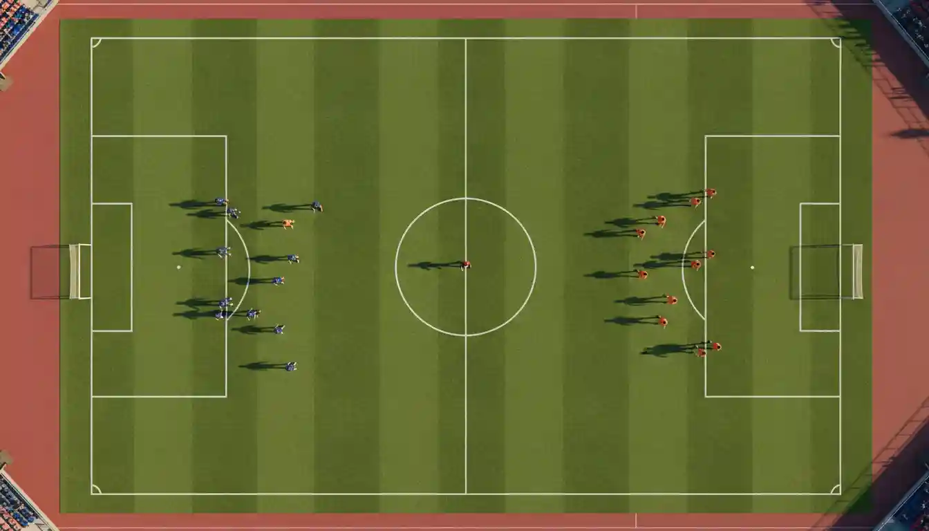 Campo de futebol visto de cima mostrando as duas equipas em posição antes do início do jogo