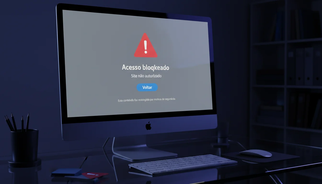 Ecrã de computador com aviso de site bloqueado representando restrição de acesso