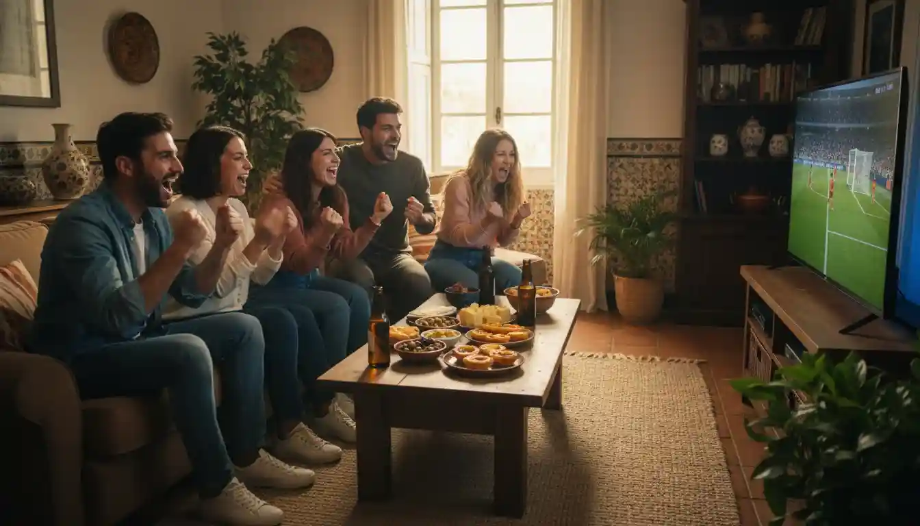 Grupo de amigos portugueses a celebrar enquanto assistem a um jogo de futebol juntos