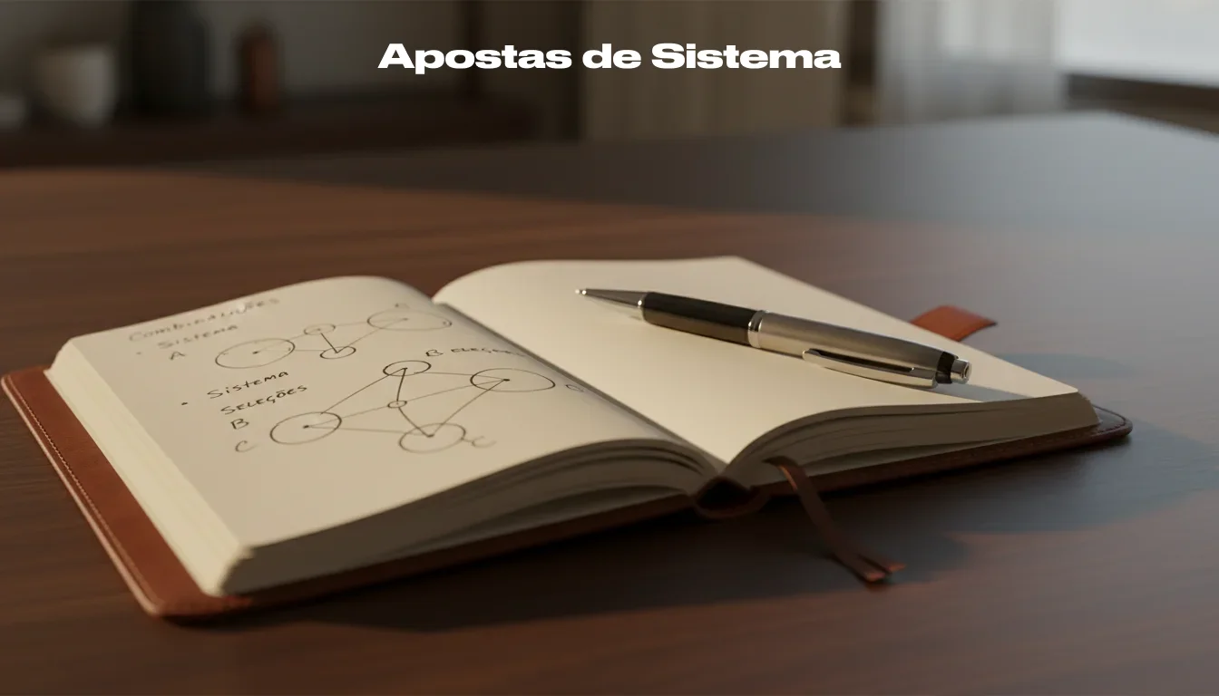 Mesa com bloco de notas e caneta mostrando esquemas de combinações de apostas