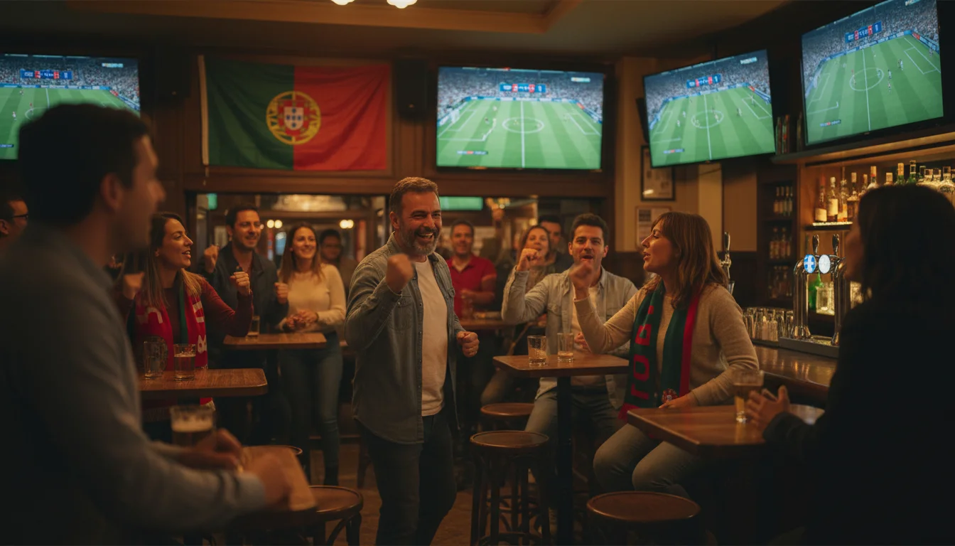 Adeptos portugueses a assistir a um jogo de futebol num bar desportivo com ecrãs de televisão