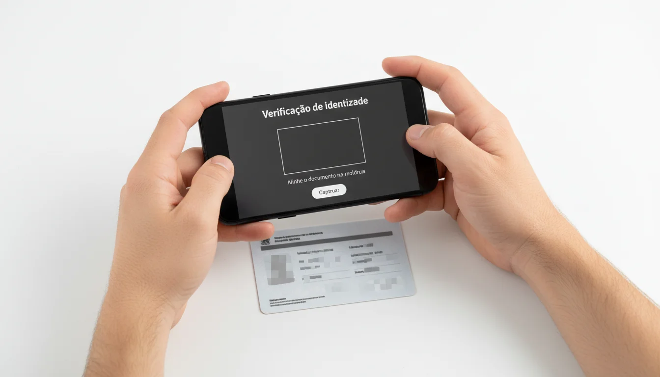 Pessoa a fotografar documento de identificação com smartphone para verificação