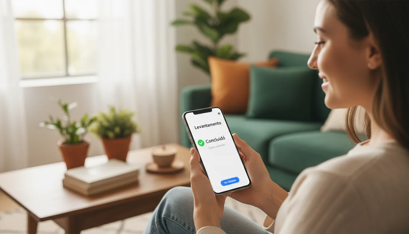 Pessoa satisfeita a verificar conta bancária no smartphone com expressão positiva