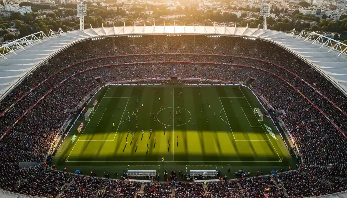 Jogo de futebol num estádio português com relvado verde vibrante e adeptos nas bancadas