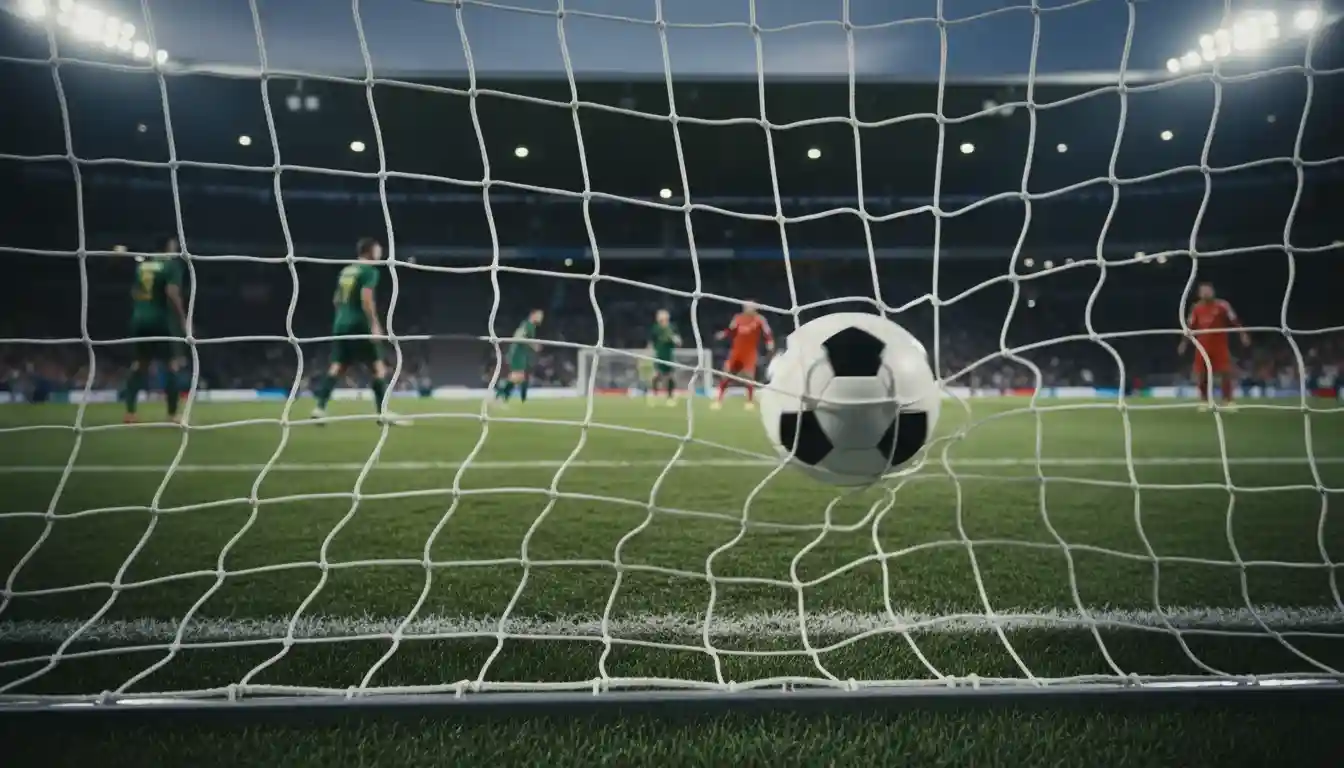Bola de futebol a entrar na baliza com a rede a ondular
