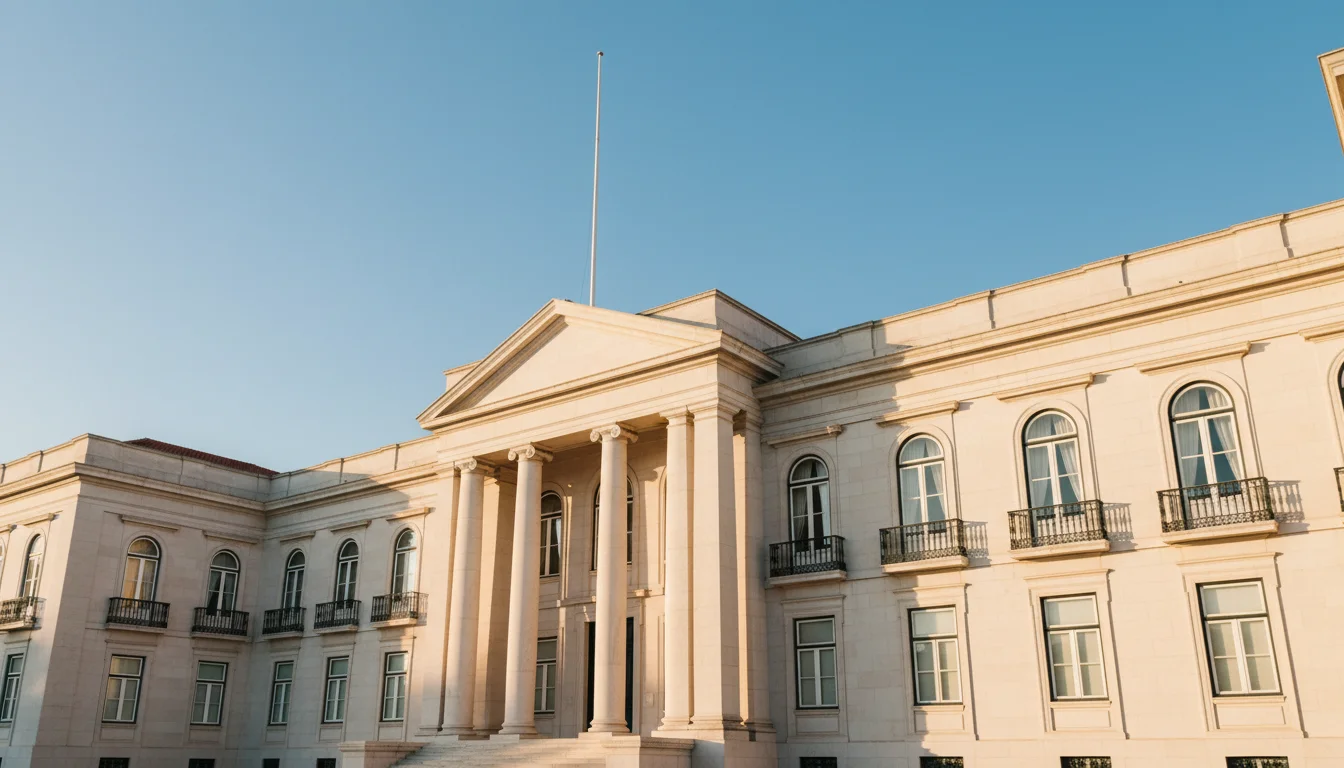 Edifício governamental português com arquitectura clássica representando autoridade institucional