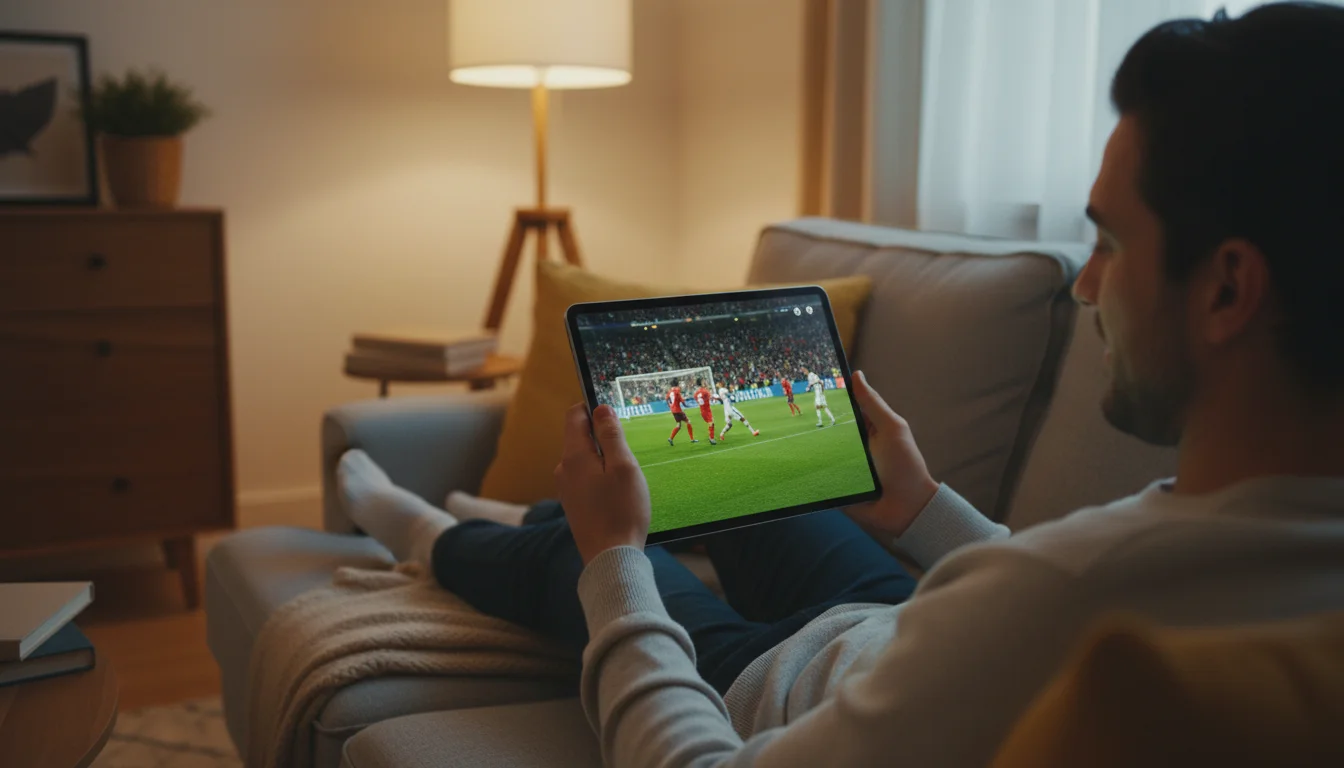 Pessoa a assistir jogo de futebol ao vivo no tablet num ambiente doméstico confortável