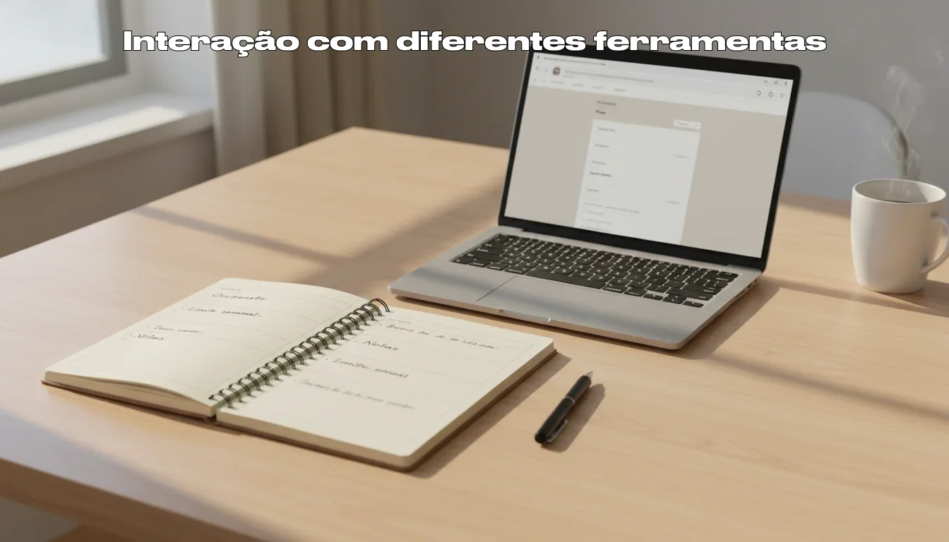 Pessoa calma a planear orçamento com caderno e portátil