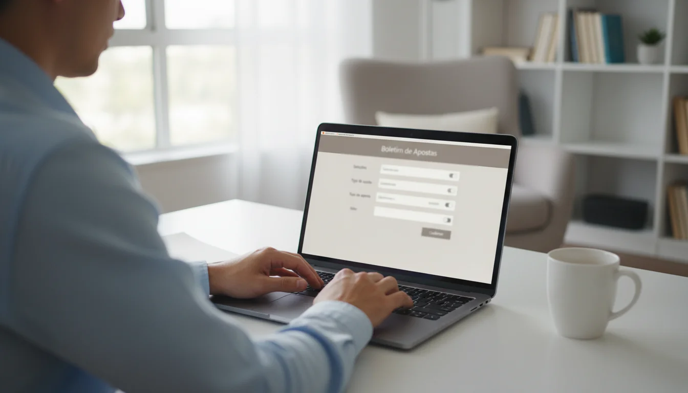 Pessoa a utilizar computador portátil para gerir apostas em ambiente doméstico