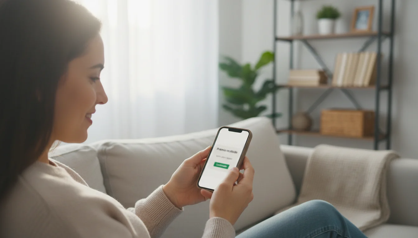 Pessoa sorridente a verificar informação num smartphone representando tranquilidade fiscal