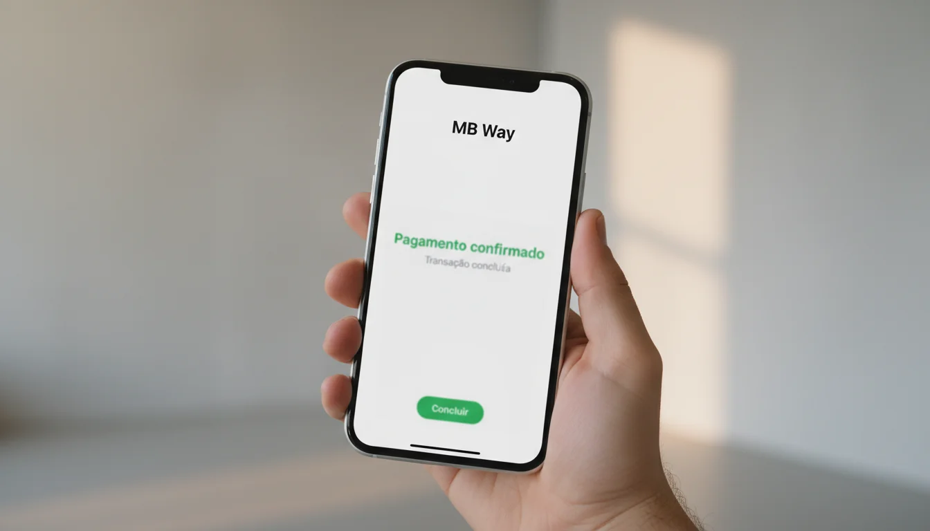 Mão a segurar smartphone com confirmação de pagamento móvel