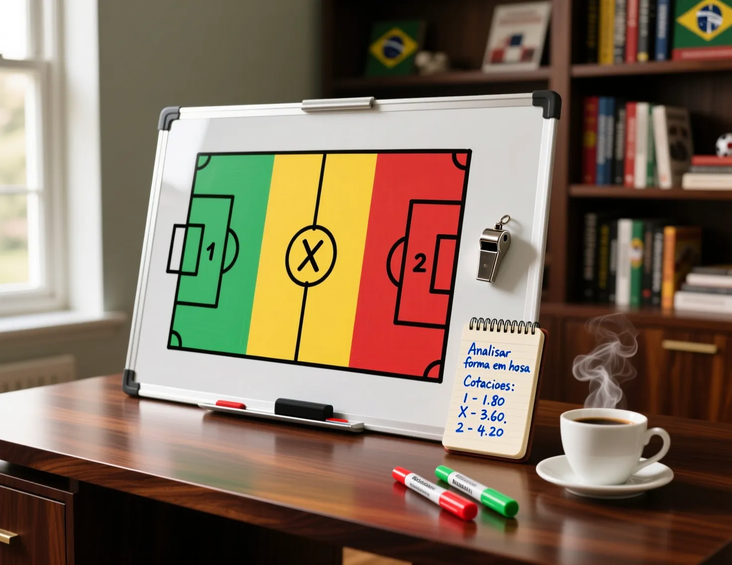 Quadro táctico de futebol numa secretária com notas de análise representando o mercado 1X2
