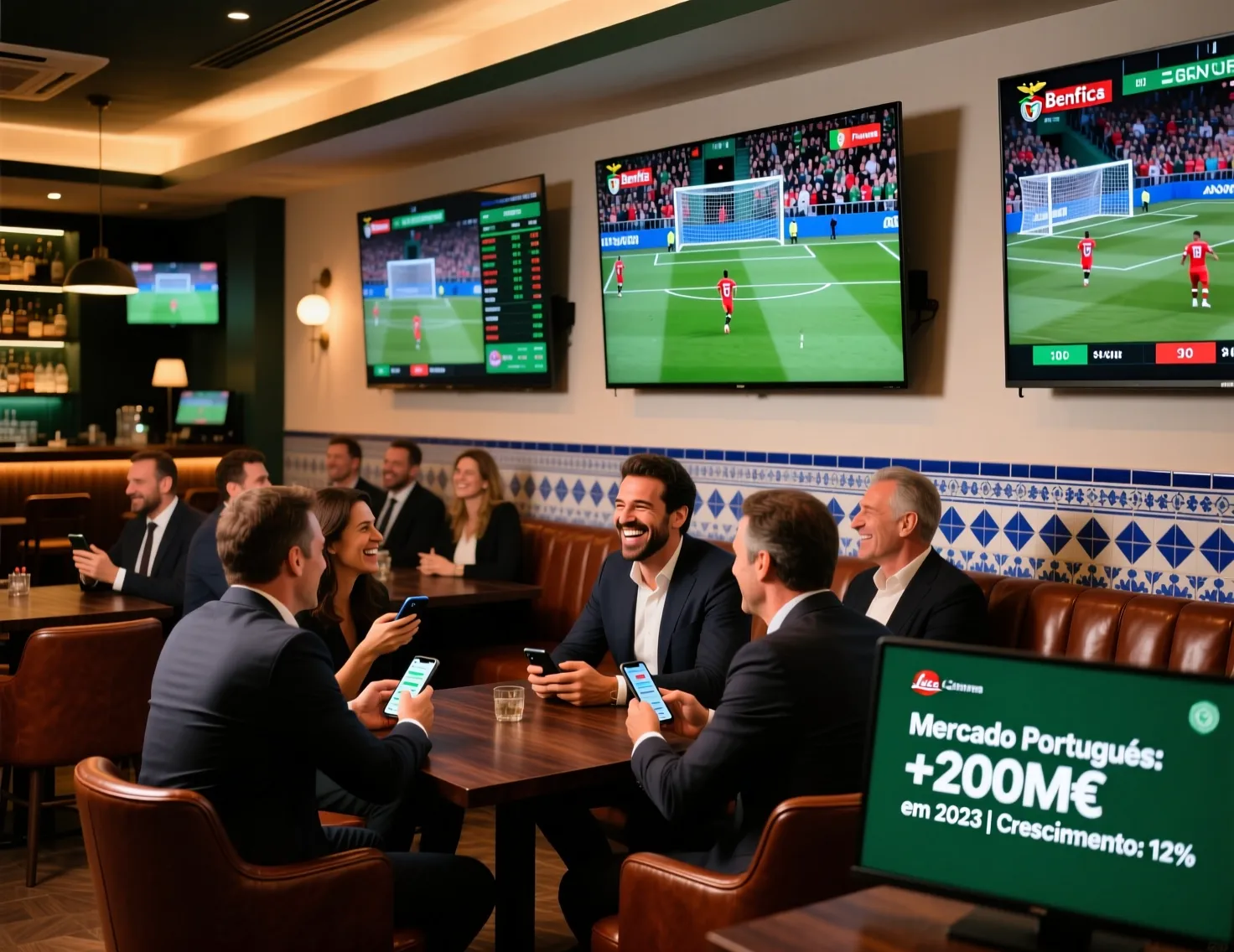 Bar desportivo português moderno com grupo de amigos a assistir futebol em ecrãs HD