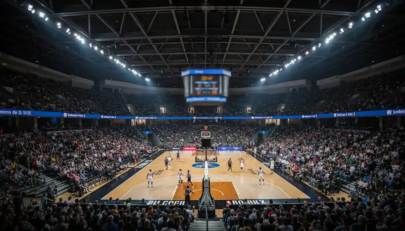 Vista panorâmica de um pavilhão de basquetebol durante um jogo com o marcador electrónico visível