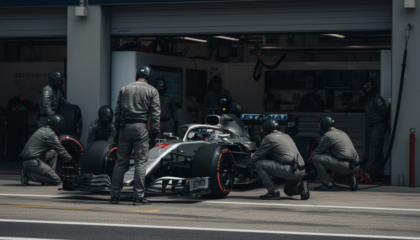 Monolugar de F1 na pit lane com mecânicos a preparar a troca de pneus