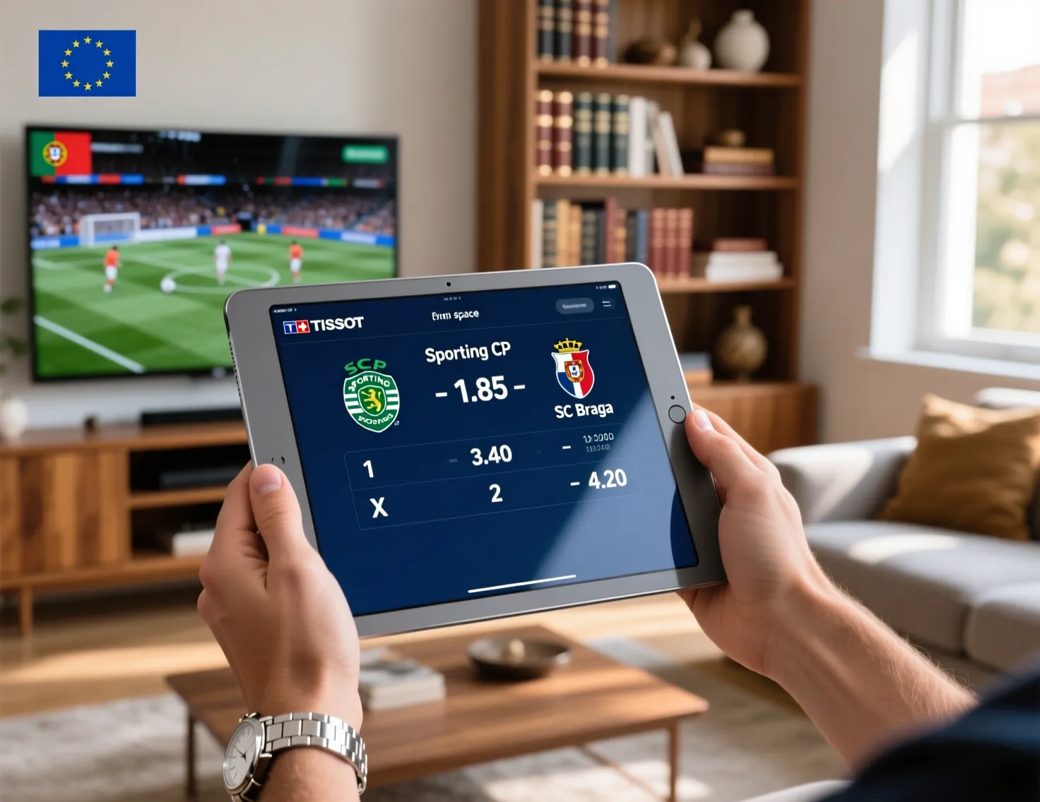 Tablet a mostrar interface de apostas com odds decimais europeias num jogo de futebol