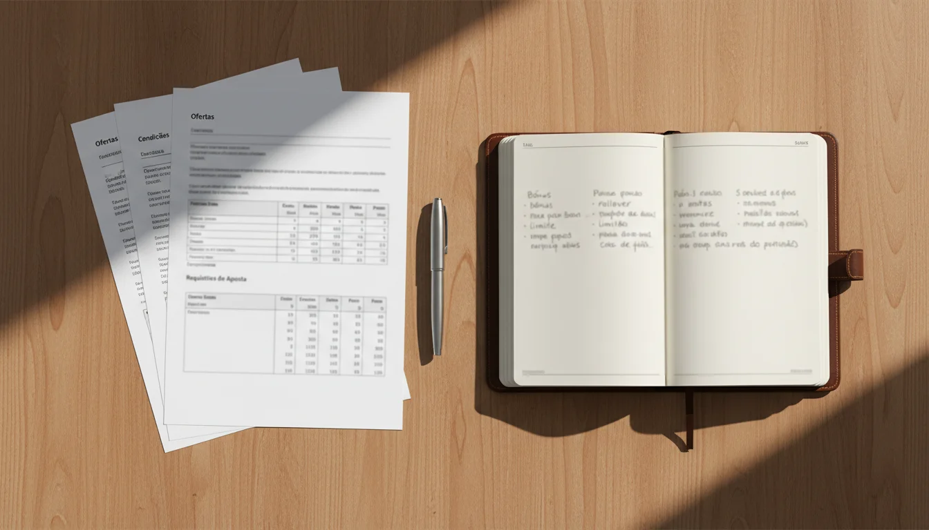 Mesa de trabalho organizada com documentos e um bloco de notas para apontamentos