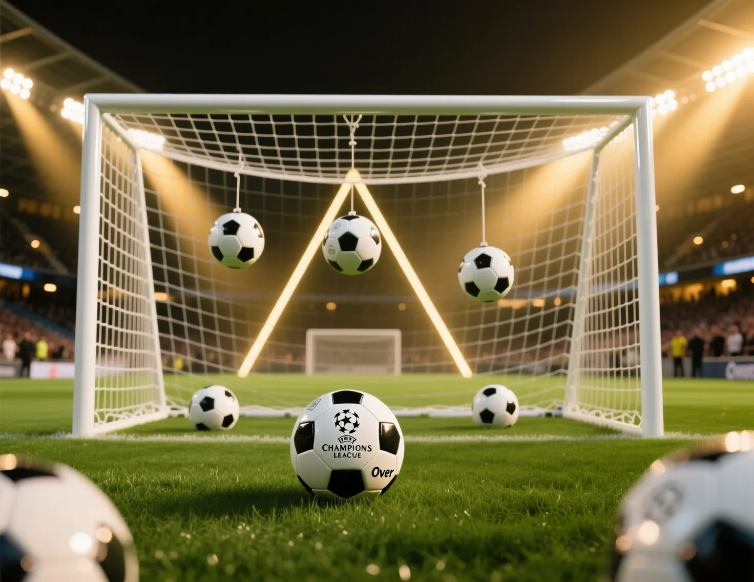 Baliza de futebol com várias bolas dentro e ao redor da rede simbolizando múltiplos golos