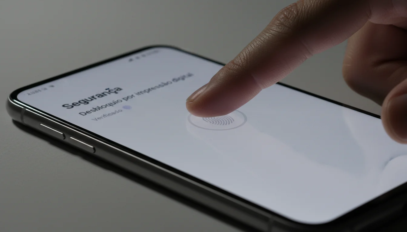 Mão a desbloquear smartphone com impressão digital demonstrando segurança biométrica