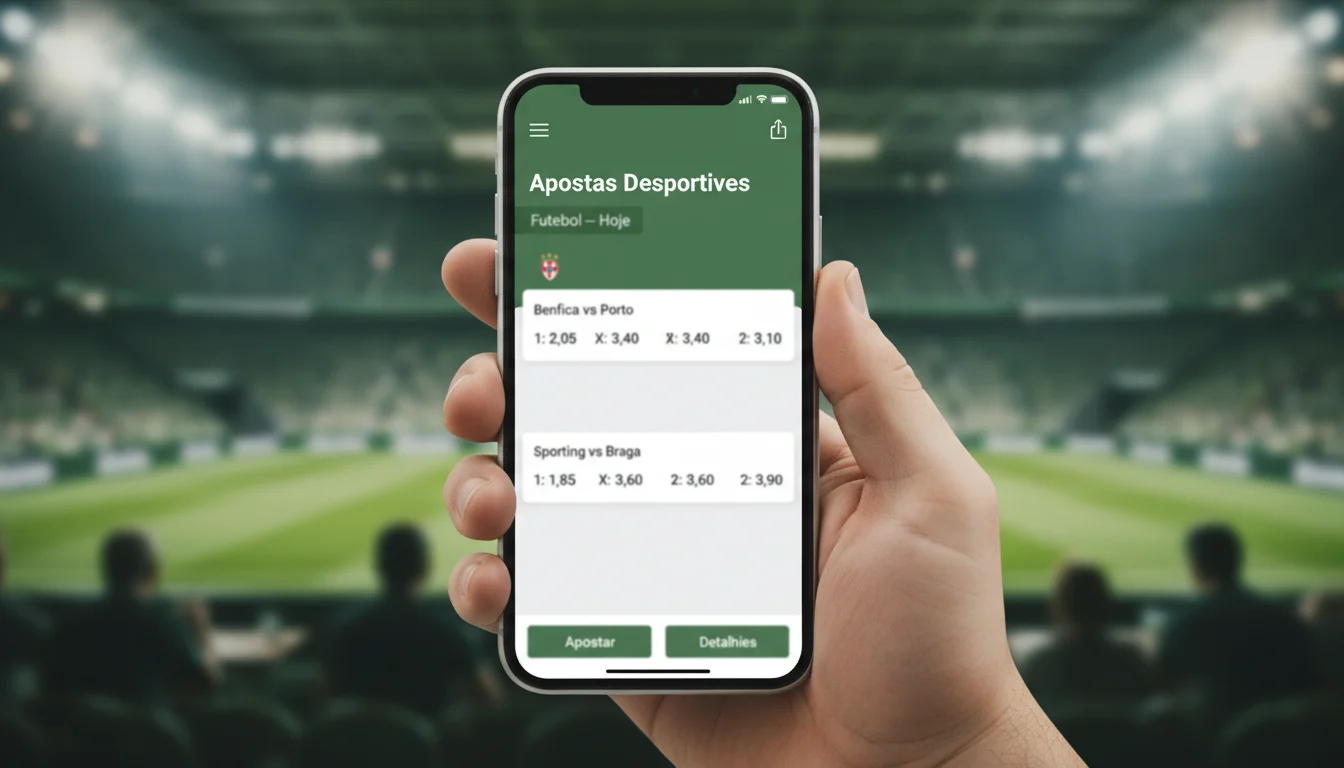 Mão a segurar um smartphone com aplicação de apostas desportivas num estádio de futebol