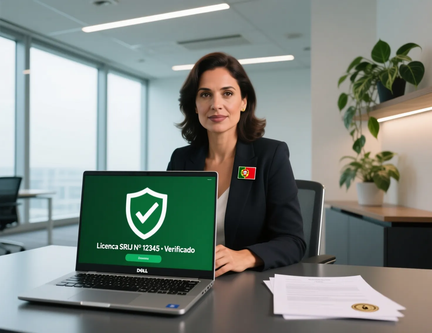 Escritório profissional com portátil mostrando interface segura e documentos oficiais com bandeira portuguesa