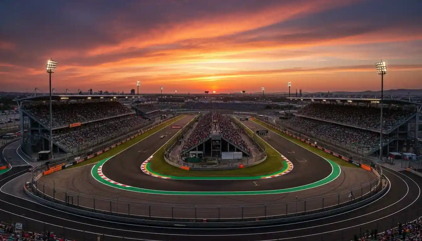 Vista panorâmica de um circuito de F1 ao pôr do sol com bancadas e a pista iluminada
